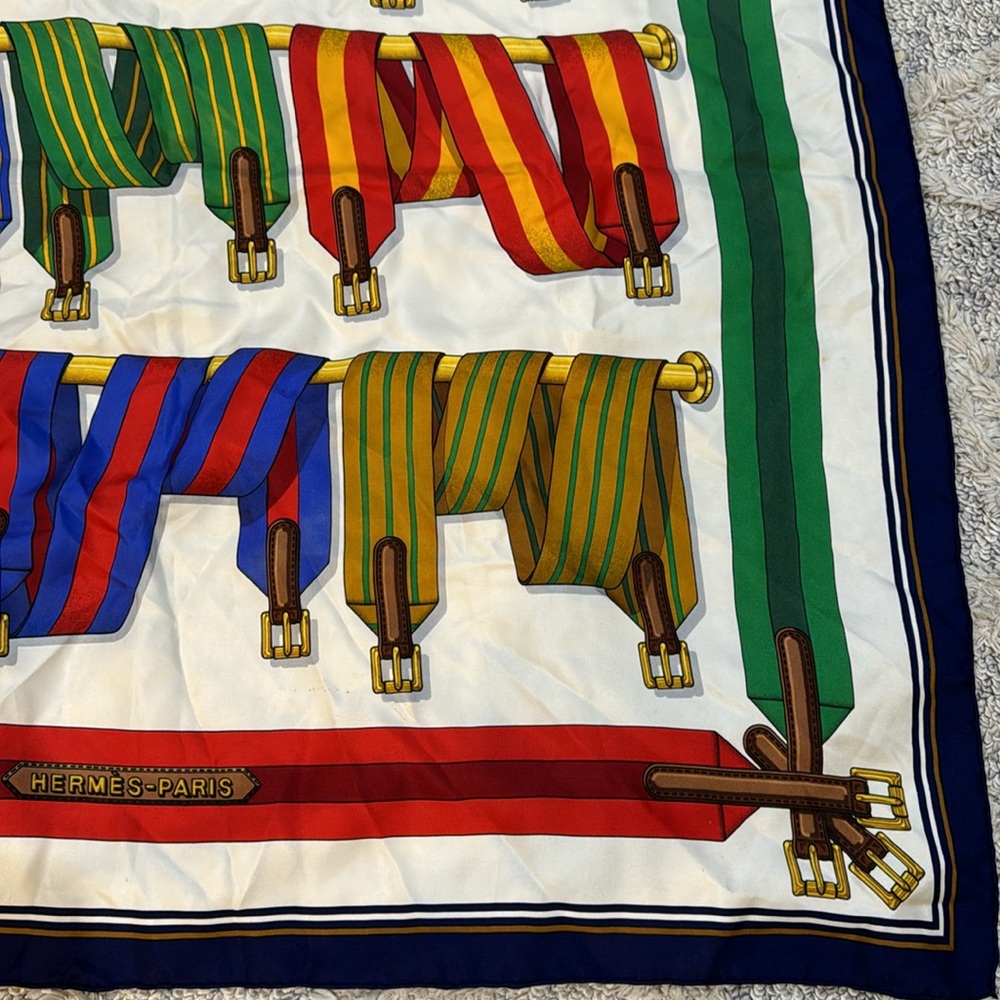 Hermes Multicolor Silk Scarf with Navy, Green, Gold and Red Accents - Picture 5 of 12